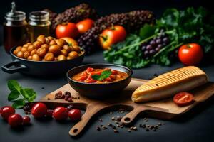 il cibo è su un' nero tavolo con verdure e pane. ai-generato foto