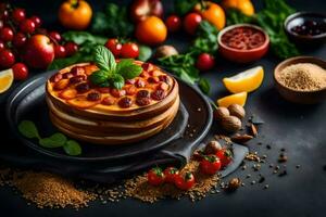 un' pila di Pancakes con frutta e spezie. ai-generato foto