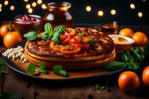 Pizza con pomodori e formaggio su un' di legno tavolo. ai-generato foto