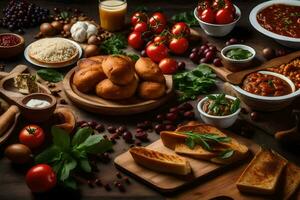 un' tavolo con vario Alimenti Compreso pane, pomodori, e altro ingredienti. ai-generato foto