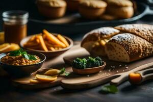 un' di legno tavola con pane, patate e altro cibo. ai-generato foto