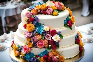 un' tre stanco torta con colorato fiori su superiore. ai-generato foto