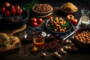 un' varietà di ingredienti Compreso noccioline, fagioli, pomodori, e altro ingredienti. ai-generato foto