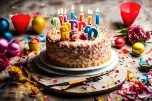 un' compleanno torta con candele su esso. ai-generato foto