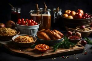 un' tavolo con vario Alimenti Compreso pane, pomodori, e altro ingredienti. ai-generato foto