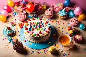 un' compleanno torta è circondato di cupcakes e palloncini. ai-generato foto