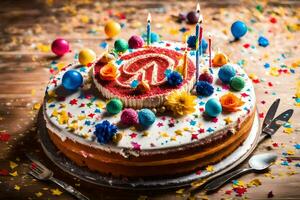 un' compleanno torta con candele e coriandoli. ai-generato foto