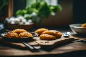 piccolo cibo elementi su un' di legno tavolo. ai-generato foto