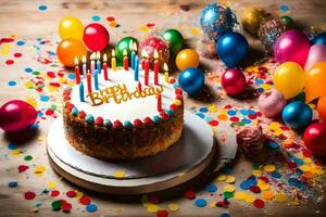 un' compleanno torta con candele e coriandoli su un' di legno tavolo. ai-generato foto