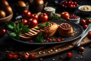 un' piatto con pane, pomodori e altro ingredienti. ai-generato foto