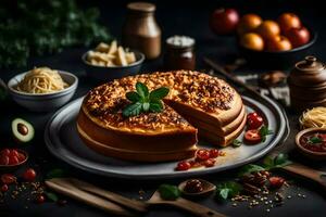 un' torta con formaggio e pomodori su un' piatto. ai-generato foto