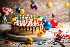 un' compleanno torta con candele su superiore e palloncini. ai-generato foto