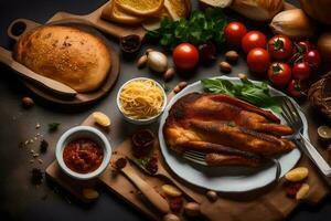 un' piatto di cibo con pane, pomodori, e altro ingredienti. ai-generato foto