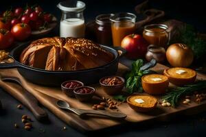 un' padella con pane, mele, e altro ingredienti. ai-generato foto