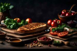 grigliato pane su un' di legno taglio tavola con pomodori, erbe aromatiche e spezie. ai-generato foto