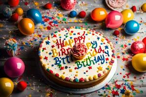 un' compleanno torta con il parole contento compleanno scritto su esso. ai-generato foto