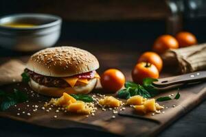 un' Hamburger con formaggio, pomodori e erbe aromatiche su un' di legno taglio tavola. ai-generato foto