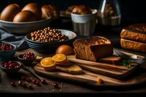 Alimenti su un' di legno tavolo. ai-generato foto