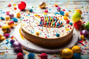 un' compleanno torta con colorato coriandoli e palloncini. ai-generato foto