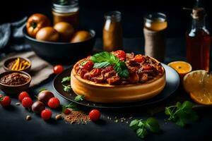 un' Pizza con pomodori e basilico su un' nero sfondo. ai-generato foto