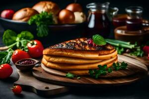 Pancakes con salsa e verdure su un' di legno tavola. ai-generato foto