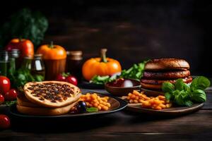 un' piatto di cibo con un' Hamburger e patatine fritte. ai-generato foto