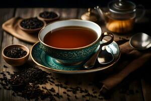 un' tazza di nero tè su un' di legno tavolo. ai-generato foto