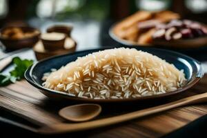 un' ciotola di riso con bastoncini e un' di legno cucchiaio. ai-generato foto