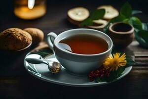 un' tazza di tè su un' di legno tavolo. ai-generato foto