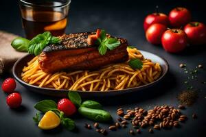 grigliato salmone con pasta e pomodori su un' nero sfondo. ai-generato foto