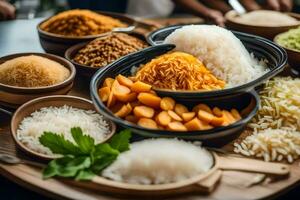 vario tipi di riso e altro Alimenti su un' di legno tavolo. ai-generato foto