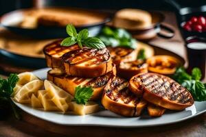 grigliato formaggio su un' piatto con formaggio e pane. ai-generato foto