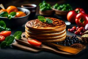 grigliato Pancakes su un' di legno tavola con verdure. ai-generato foto