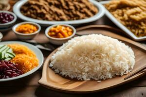 vario tipi di riso e altro Alimenti su un' tavolo. ai-generato foto