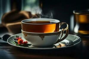 un' tazza di tè con fiori su un' piattino. ai-generato foto