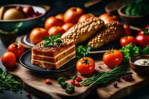 un' piatto di cibo con pane, pomodori e altro verdure. ai-generato foto