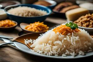 un' piatto di riso con carote e altro ingredienti. ai-generato foto