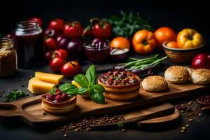 assortimento di cibo su un' di legno tavola. ai-generato foto