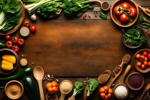 un' di legno tavolo con vario verdure e spezie. ai-generato foto