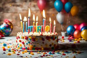 un' compleanno torta con illuminato candele e colorato palloncini. ai-generato foto