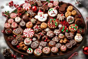 un' piatto di Natale biscotti e caramelle. ai-generato foto