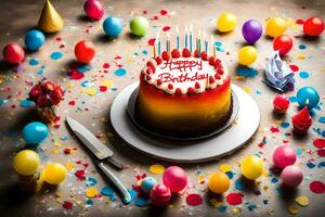 un' compleanno torta è circondato di colorato coriandoli e palloncini. ai-generato foto