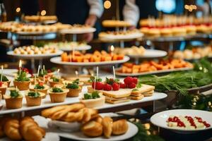 un' buffet tavolo con molti diverso tipi di cibo. ai-generato foto