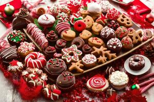 Natale biscotti e torte su un' di legno tavolo. ai-generato foto