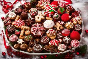 Natale biscotti e caramelle su un' piatto. ai-generato foto