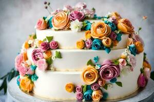 un' tre stanco torta con colorato fiori su superiore. ai-generato foto