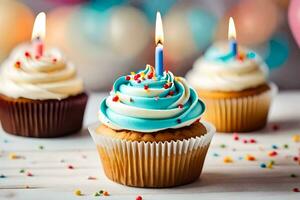 compleanno cupcakes con candele. ai-generato foto