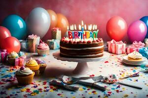 un' compleanno torta con candele su esso e palloncini. ai-generato foto