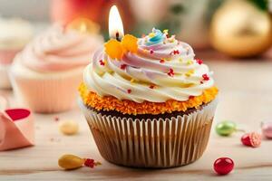 un' Cupcake con un' candela su superiore. ai-generato foto