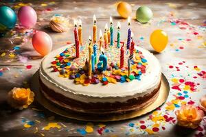 compleanno torta con candele e coriandoli su un' di legno tavolo. ai-generato foto